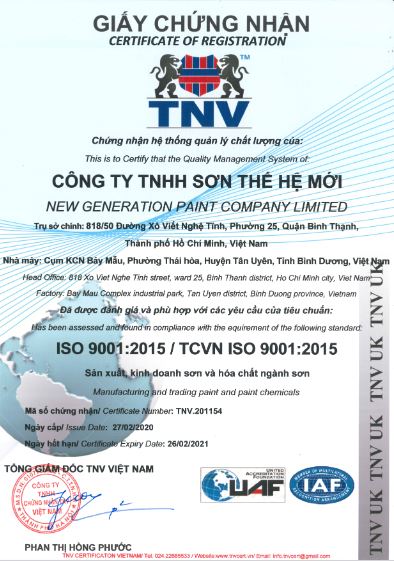 Chứng nhận ISO 9001:2015 - Sơn Hân Vượng Phát - Công Ty TNHH Đầu Tư Thương Mại Hân Vượng Phát